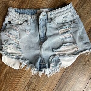 Kancan Distressed Denim Shorts Ripped Frayed Hem Light Wash Casual